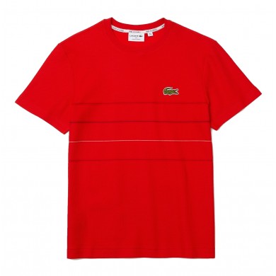 Lacoste "Made in France" Textured Striped Organic Cotton Tee Red