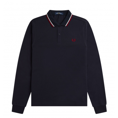 Fred Perry Authentic Long Sleeved Twin Tipped Polo Navy, Snow White & Burnt Red